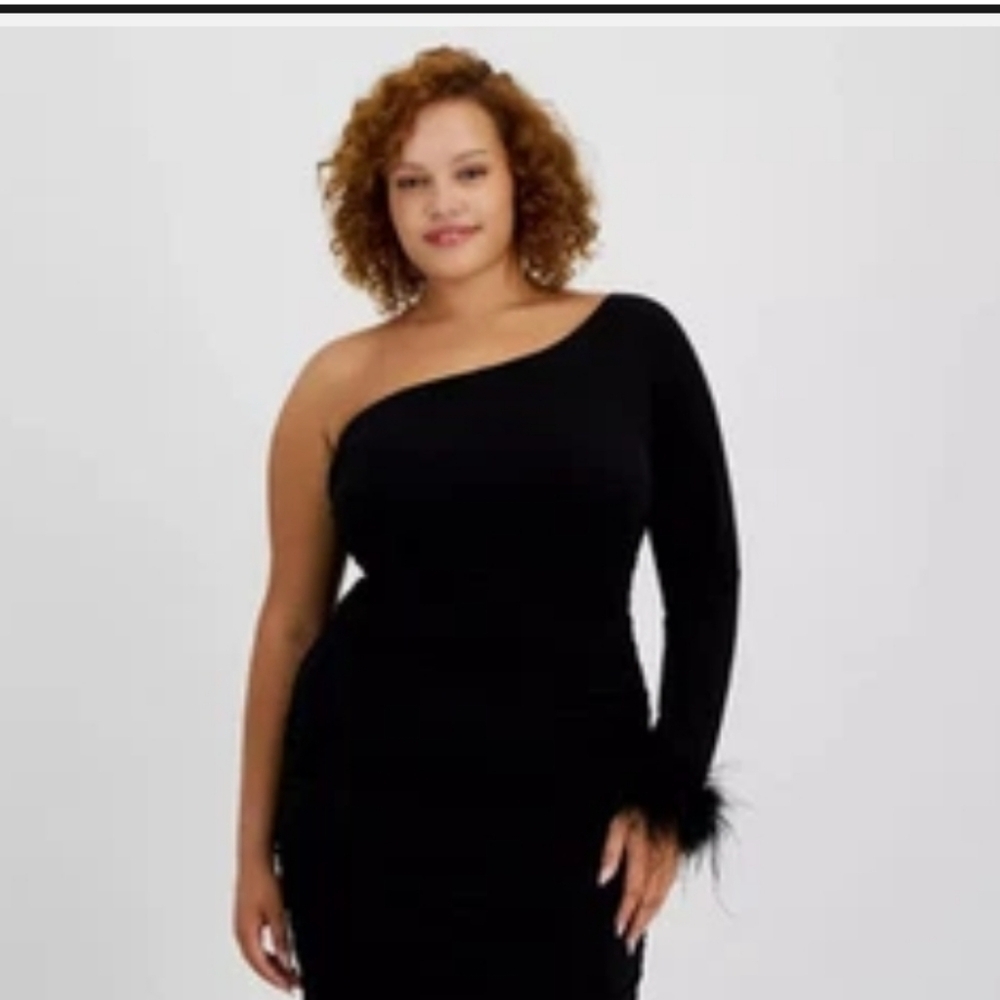 City Studios Women One-Shoulder Feather-Cuff Dress XL Black Cocktail Party NWT - Picture 2 of 13